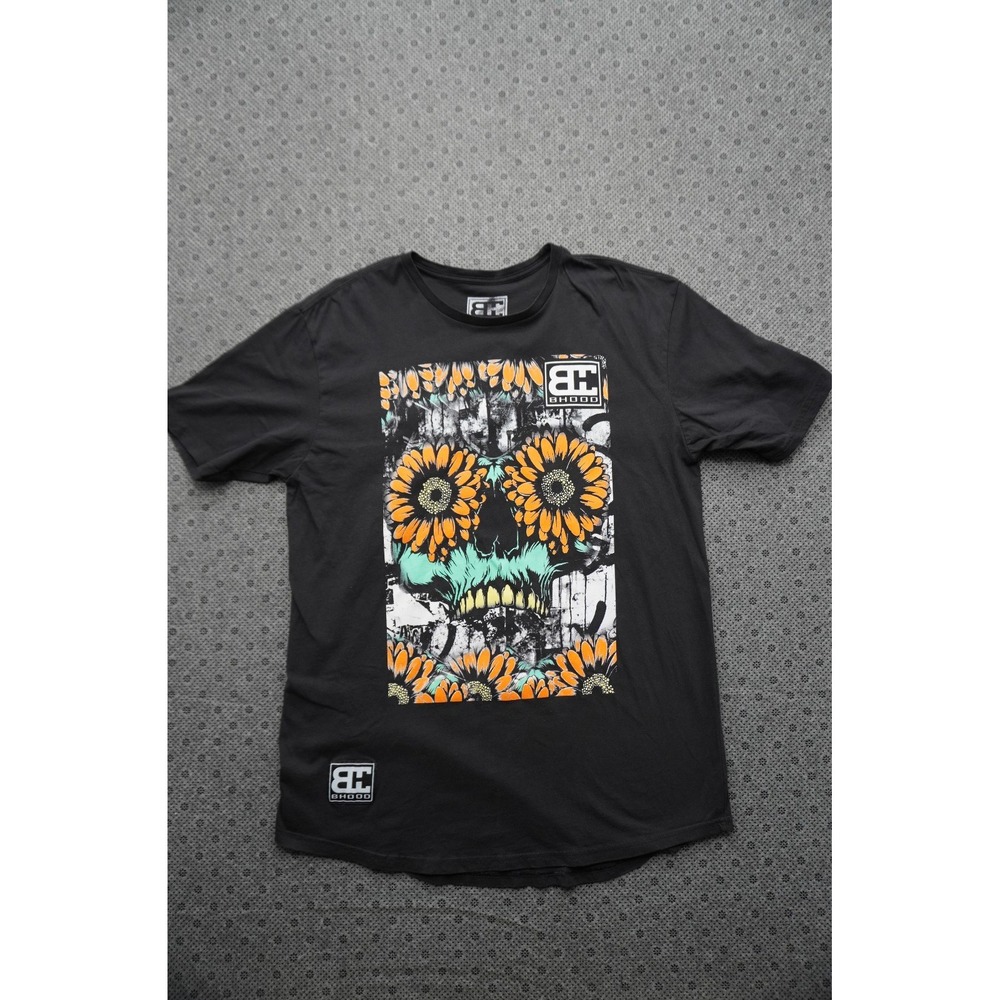 BHOOD Sunflower Skull T-Shirt Black XL Longline Curved Hem Streetwear Graphic